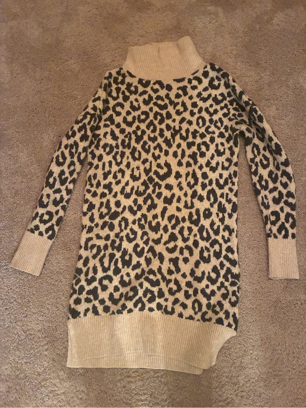 Leopard Print Turtleneck Sweater Dress in Beige and Black